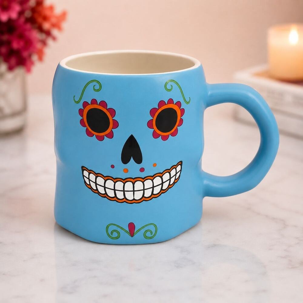 16 oz Blue Sugar Skull Coffee Mug Day of the Dead Ceramic Cup Halloween